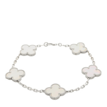VAN CLEEF & ARPELS 18K White Gold Mother of Pearl 5 Motifs Vintage Alhambra Bracelet