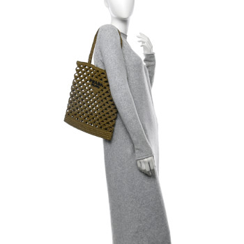 PRADA Yarn Raffia Effect Embroidered Logo Tote Oliva