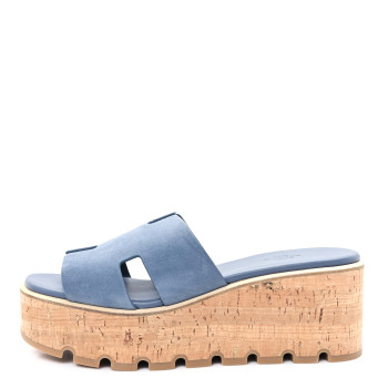 HERMES Suede Goatskin Cork Eze 30 Sandals  40 Bleu Grignon