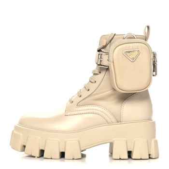 PRADA Spazzolato Rois Re-Nylon Metal Triangle Logo Monolith Pouch Pocket 55mm Boots 36 Deserto