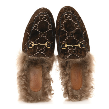 GUCCI Velvet GG Monogram Fur Womens Princetown Slippers 40 Brown Black Natural