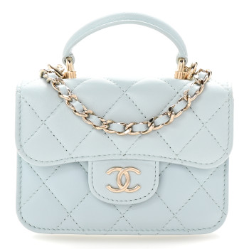 CHANEL Lambskin Quilted Top Handle Flap Clutch With Chain Light Blue