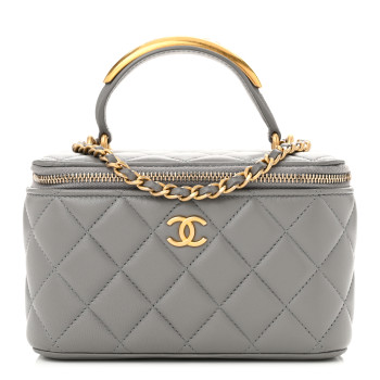 CHANEL Lambskin Quilted Metal Small Top Handle Vanity Case With Chain Grey