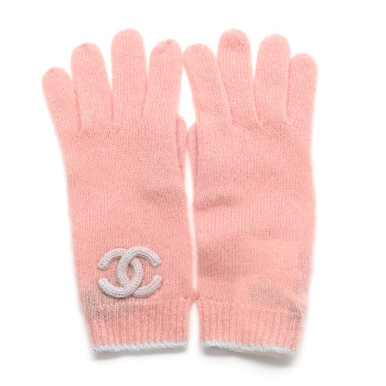 CHANEL Cashmere Silk CC Gloves Pink Light Blue