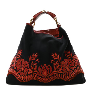 GUCCI Lizard Canvas Embroidered Large Horsebit Chain Hobo Black Red