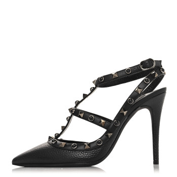 VALENTINO GARAVANI Pebbled Calfskin Onyx Rockstud Rolling Ankle Strap 100mm Pumps 37 Black