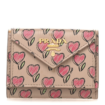 PRADA Vitello Move Love Print Envelope Tri-Fold Wallet Cipria