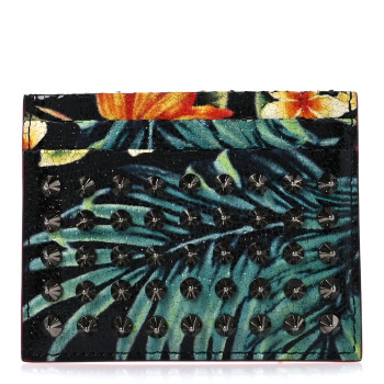 CHRISTIAN LOUBOUTIN Crackled Calfskin Hawaii Print Paros Spikes Card Holder Black Gunmetal