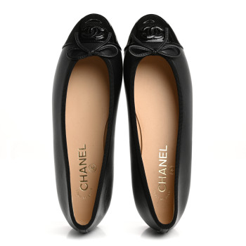 CHANEL Lambskin Patent Cap Toe Ballerina Flats 39.5 Black