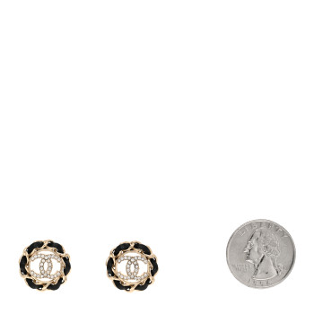 CHANEL Crystal Lambskin Chain CC Stud Earrings Black Gold