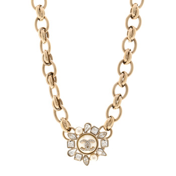 CHANEL Pearl Crystal CC Snowfall Chain Choker Necklace Light Gold