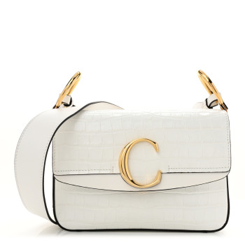 CHLOE Calfskin Crocodile Embossed Small C Double Carry Bag Brilliant White