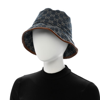 GUCCI Washed Jacquard Denim Nappa GG Monogram Oscar Bucket Hat M Denim Cuir