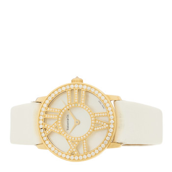 TIFFANY 18K Yellow Gold Satin Diamond Mother of Pearl 26mm Atlas Round Cocktail Quartz Watch