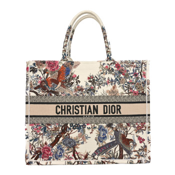 CHRISTIAN DIOR Canvas Embroidered Large Jardin D'Hiver Book Tote Latte Multicolor