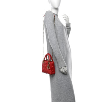 CHRISTIAN DIOR Metallic Lambskin Cannage Mini Lady Dior Red