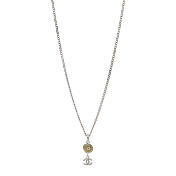CHANEL Metal Resin Crystal CC Camellia Necklace Silver
