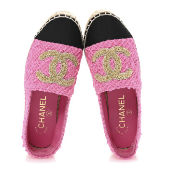 CHANEL Tweed Grosgrain CC Espadrilles 35 Pink Black