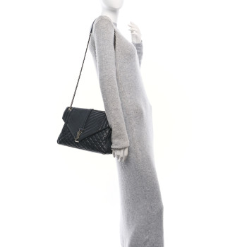 SAINT LAURENT Calfskin Mixed Matelasse Triquilt Large Monogram Satchel Black