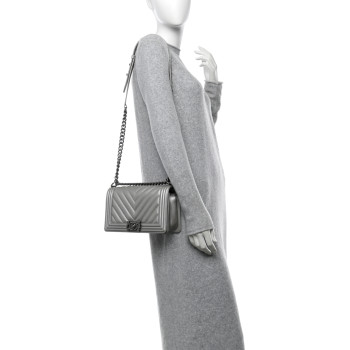 CHANEL Metallic Caviar Chevron Quilted Medium Boy Flap Silver
