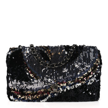 CHANEL Sequin Medium Single Flap Silver Black Multicolor