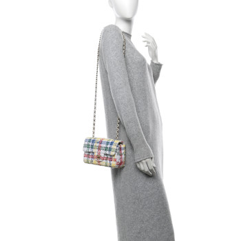 CHANEL Tweed Quilted Mini Rectangular Flap White Multicolor