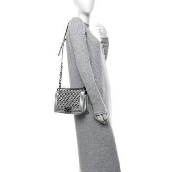 CHANEL Metallic Lambskin Embellished Medium Boy Flap Silver