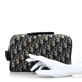 CHRISTIAN DIOR Oblique Jacquard Grained Calfskin Lingot Toiletry Case Blue Black