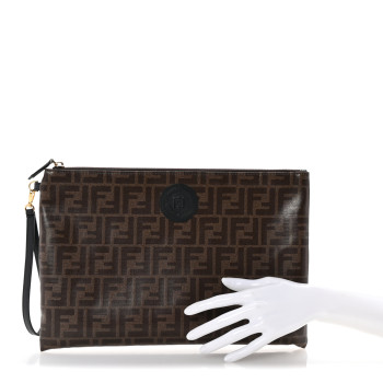 FENDI Glazed Fabric Vitello Century FF 1974 Stamp Patch Large Flat Pouch Mogano Panna Black