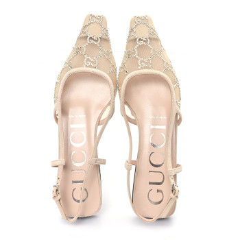 GUCCI Suede Mesh Crystal GG Monogram Slingback Ballet Flats 37 Light Powder Skin Rose