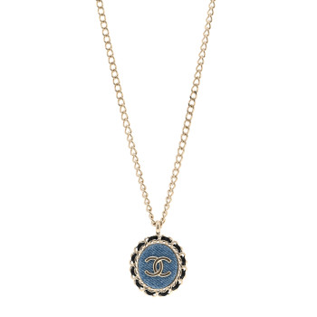 CHANEL Denim CC Pendant Necklace Gold Blue Black