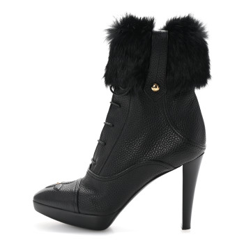 LOUIS VUITTON Grained Calfskin Fur Platform Ankle Boots 37.5 Black