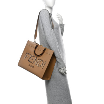FENDI Vitello King Plexiglass Elaphe Python Print Logo Medium Fendi Sunshine Shopper Tote Miele Scuro Makeup