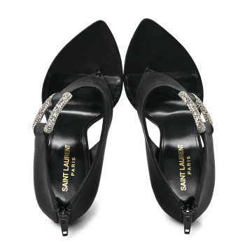 SAINT LAURENT Crepe Satin Crystal Buckle Gippy 110 Sandals 38 Black