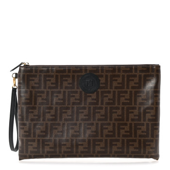 FENDI Glazed Fabric Vitello Century FF 1974 Stamp Patch Large Flat Pouch Mogano Panna Black