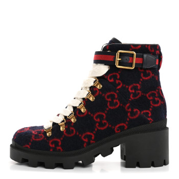 GUCCI Covered Wool Big GG Monogram Womens Lace Up Combat Ankle Boots 37 Blue Red