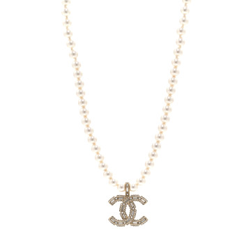 CHANEL Pearl Crystal Baguette CC Short Necklace Gold