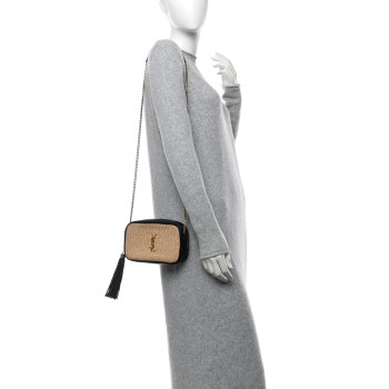 SAINT LAURENT Raffia Canvas Monogram Mini Lou Camera Bag Beige Black