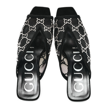 GUCCI Tela Retino Kid Scamosciato Crystal GG Monogram Square G 95mm Slide Sandals 35 Black