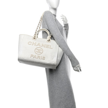 CHANEL Cotton Medium Deauville Tote White