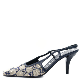 GUCCI GG Monogram Malaga Kid Crystal Square G 75mm Slingback Pumps 37 Beige Blue
