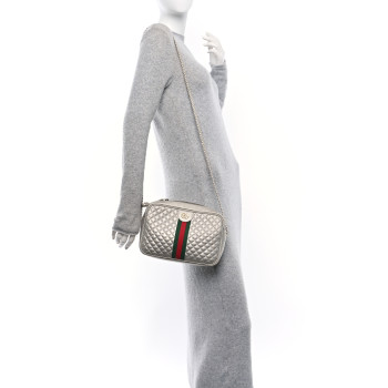 GUCCI Laminated Nappa Web Trapuntata Small GG Shoulder Bag Argento