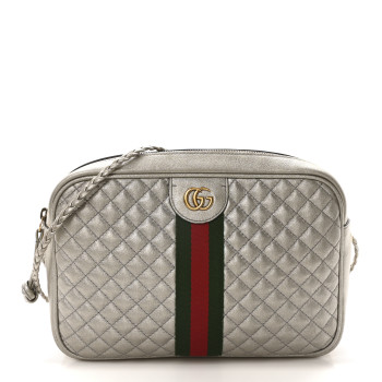 GUCCI Laminated Nappa Web Trapuntata Small GG Shoulder Bag Argento