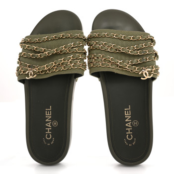 CHANEL Satin Canvas Chain Slides Sandals Flats 40 Khaki