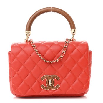 CHANEL Lambskin Quilted Wood Mini Coco Handle Flap Red