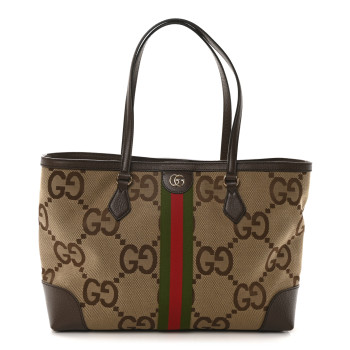GUCCI Monogram Jumbo GG Textured Dollar Calfskin Web Medium Ophidia Shopping Tote Camel Ebony