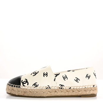 CHANEL Lambskin Printed CC Espadrilles 38 White Black
