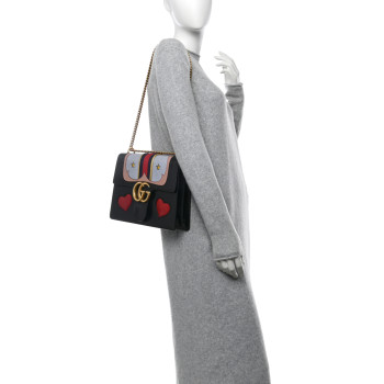 GUCCI Calfskin Web Heart Medium GG Marmont Chain Handle Bag Black