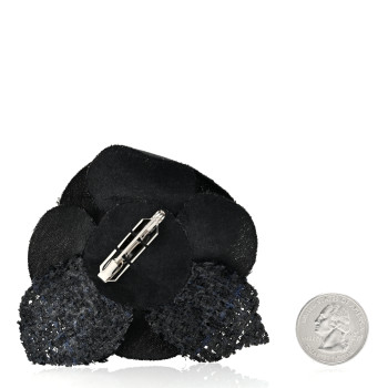 CHANEL Tweed Fabric Camellia Pin Brooch Black