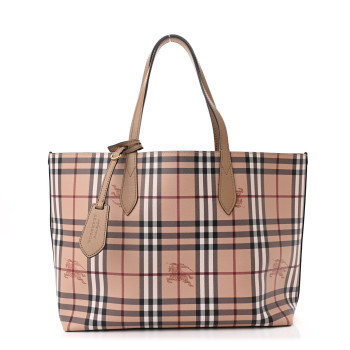 BURBERRY Grainy Calfskin Haymarket Check Medium Reversible Tote Camel